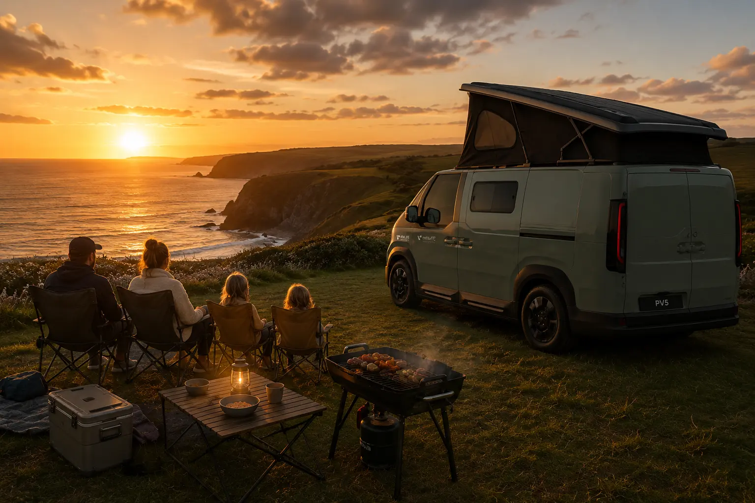 Kia PV5 electric campervan with pop-top roof at sunset overlooking the Cornish coast
