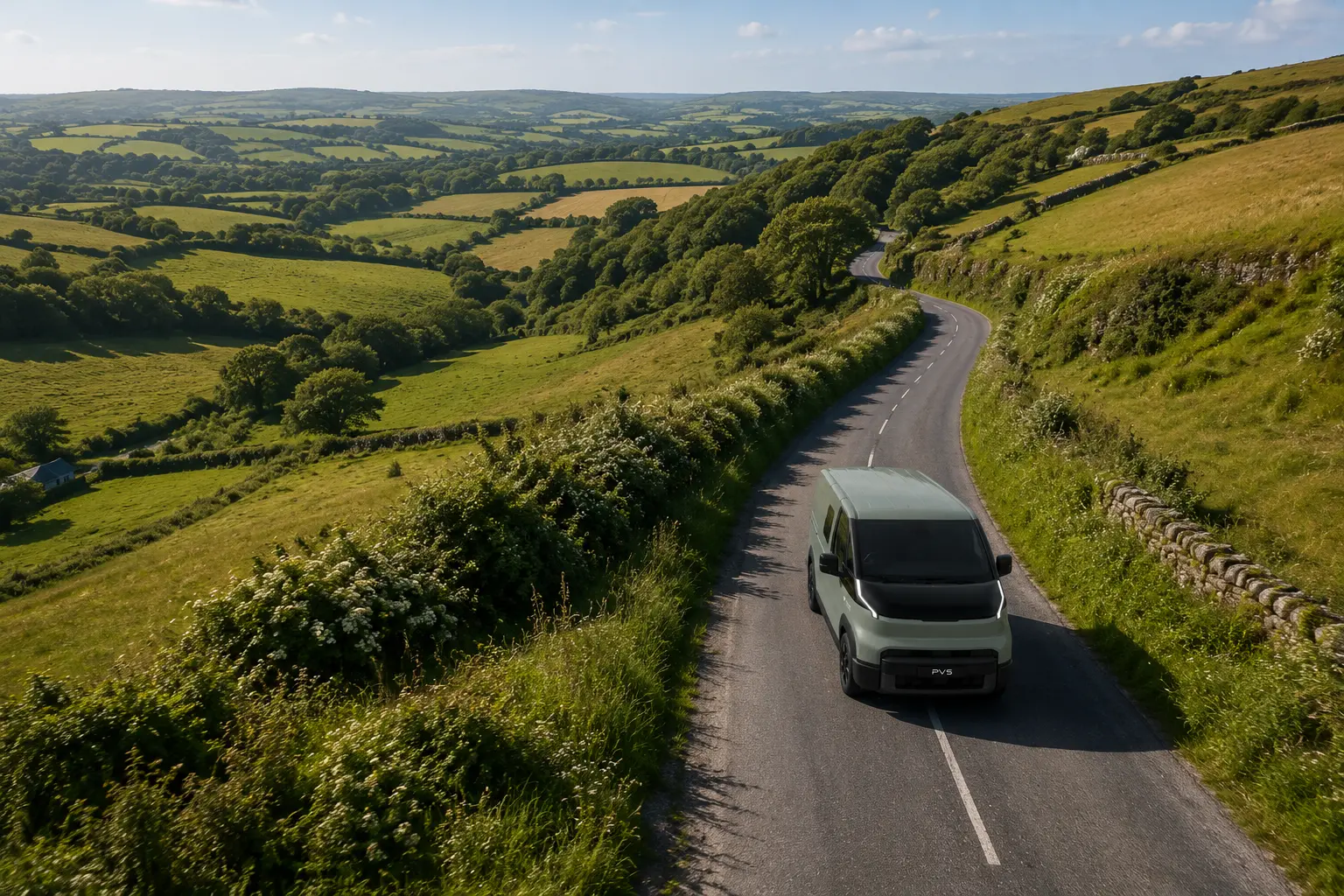 Electric van on a winding Cornish country lane above rolling farmland