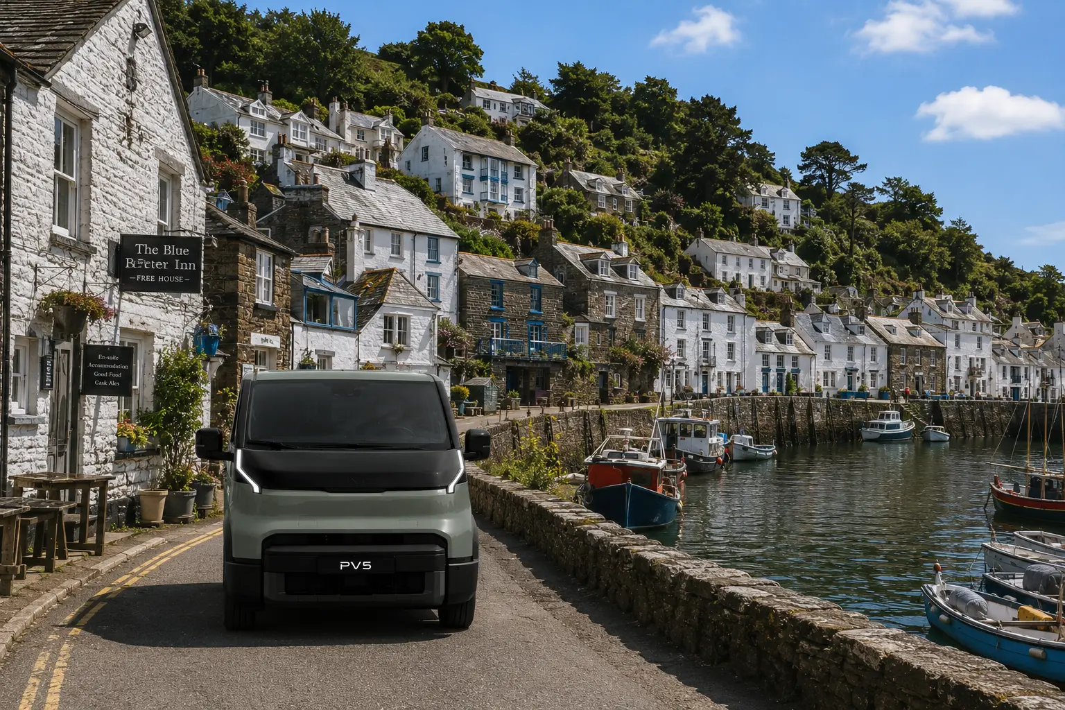 Electric van on a narrow harbour street in a Cornish fishing village