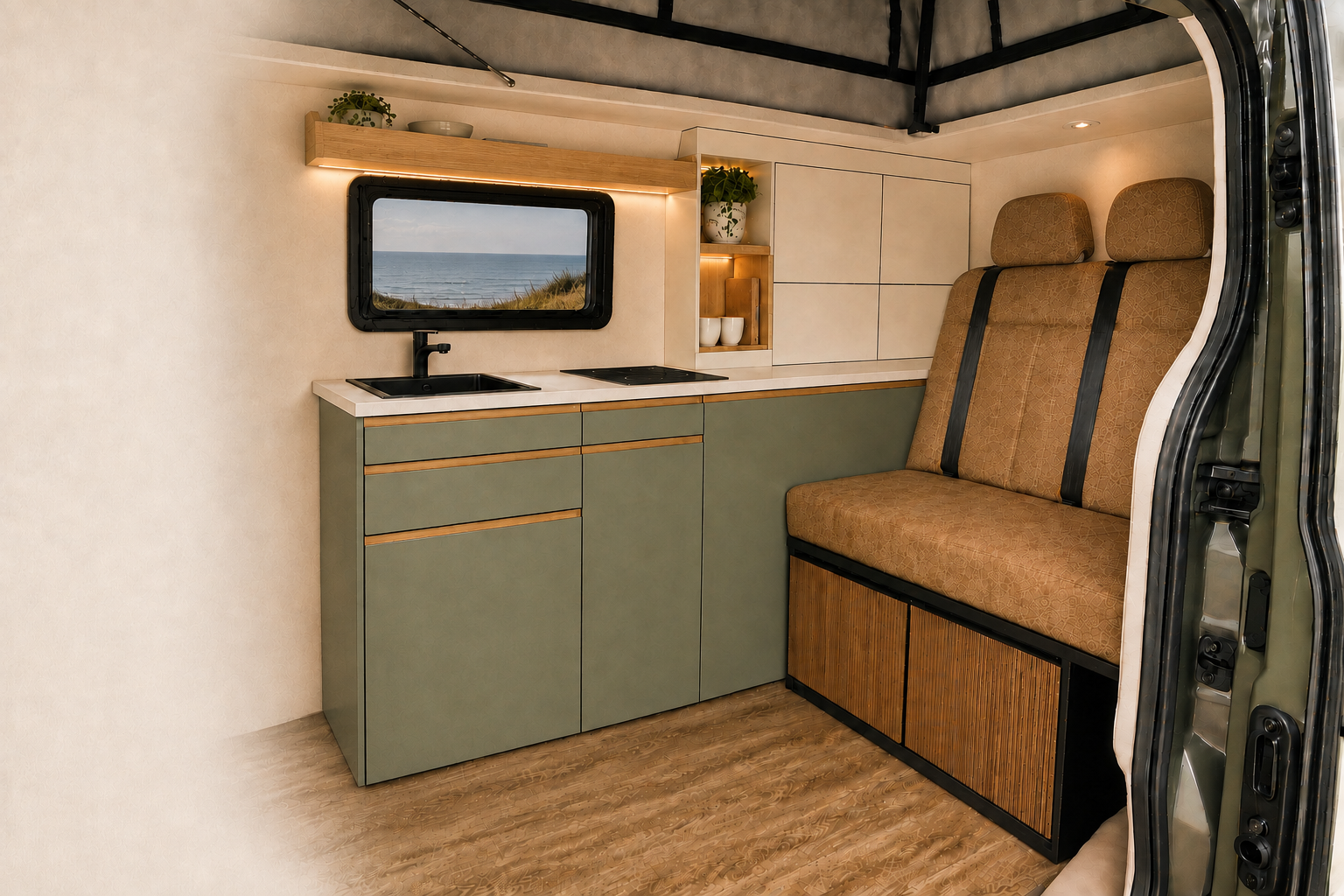 Contemporary campervan interior with sage green cabinetry, timber details and a view of the sea through the window